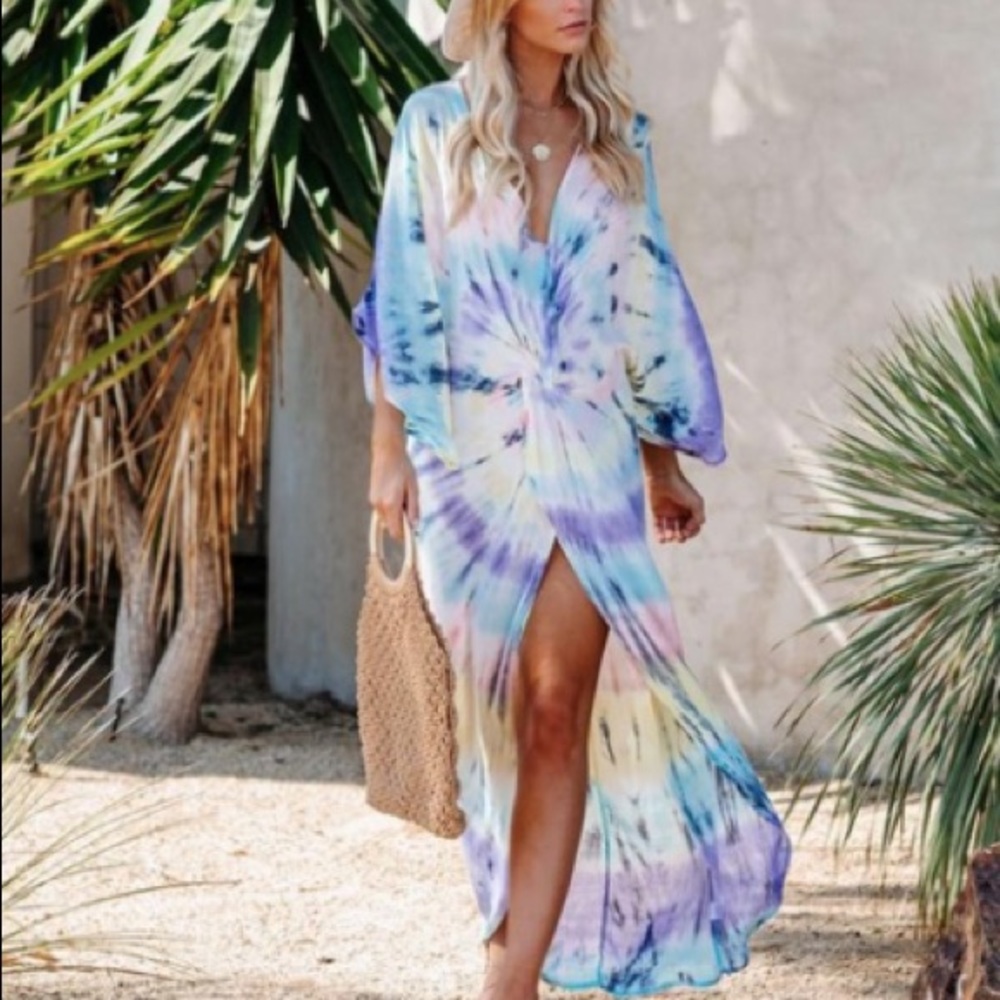 NWT Vici Dolls Surf Gypsy Tie Dye Kimono Beach Cover Up Twist Caftan Dress M